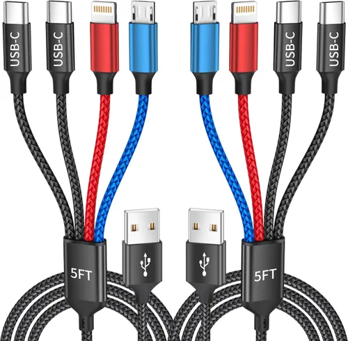 Miniatura 9 de Paquete de 2 cables de carga múltiple dual tipo C 4 en 1 de 6 pies para múltiples dispositivos con 2 puertos USB-C/IP/micro, cable USB de carga