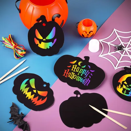 Miniatura 7 de JULMELON Kit de manualidades de papel para rascar de Halloween de 36 piezas, lote de calabazas de Halloween, arte mágico de arco iris para rascar