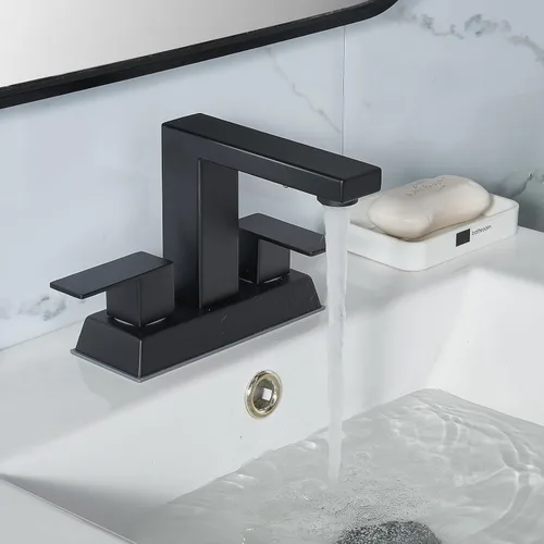 Miniatura 4 de KINGO HOME Grifo central de baño negro de 2 asas, grifo de lavabo de baño negro mate de 4 pulgadas, grifos de tocador modernos para fregadero, grifo