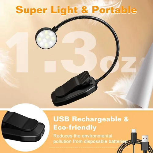 Miniatura 4 de KTEBO Luz de libro recargable para leer en la cama, lámpara de lectura de libros para cuidar los ojos con 10 modos LED, luz portátil ligera de 1.3