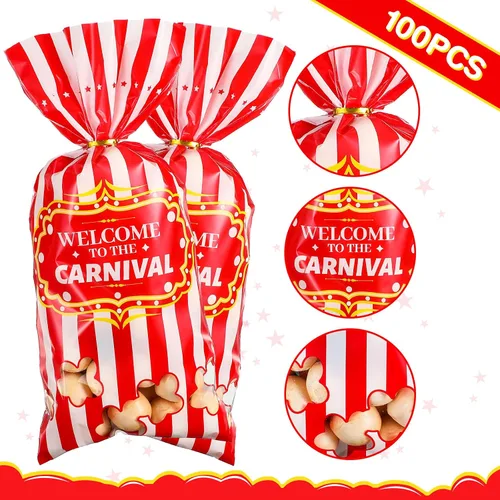 Miniatura 4 de Epakh Paquete de 200 bolsas de dulces de carnaval, con temática de circo, bolsas de plástico para fiestas con patrón de palomitas de maíz y lazos