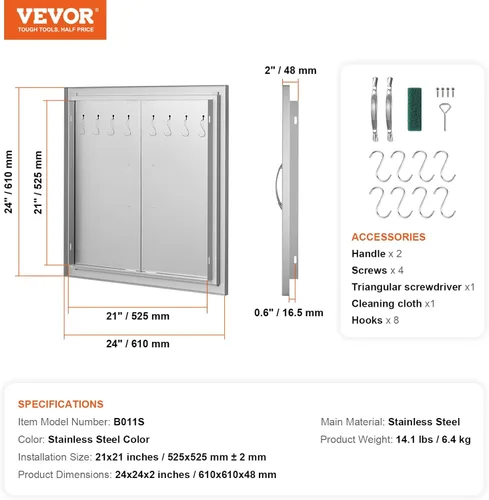 Miniatura 7 de VEVOR Puerta de acceso para barbacoa, 24 pulgadas de ancho x 24 pulgadas de alto, puerta doble de cocina al aire libre, puerta de montaje empotrado