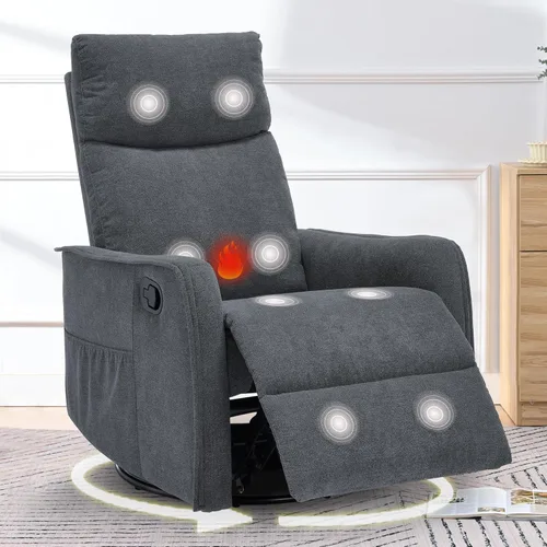 Miniatura 17 de cinkehome Silla Reclinable Mecedora Giratoria con Masaje y Calefacción para Guardería - Silla Reclinable de Espacio Pequeño con Soporte Lumbar, Giro