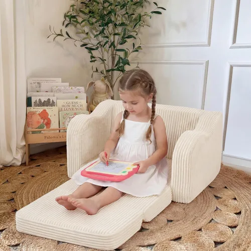 Miniatura 2 de MeMoreCool Silla Infantil 2 en 1, Sofá Cama Plegable para Niños, Beige (Edades 1-3) – Silla de Terciopelo que se Extiende a Sofá-Cama Espuma
