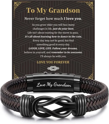 Miniatura 10 de MEALGUET Men's Bracelets Gifts for Men - Brown Braided Leather Infinity Knot Bracelets Engraved Love Massage for Son Man Husband Boyfriend, Mens