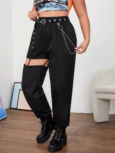 Miniatura 4 de WDIRARA Pantalones cónicos para mujer, talla grande, detalle de cadena, con ojales, con cinturón