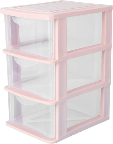 Yardwe Cajones de almacenamiento de plástico rosa, caja organizadora de cajones transparentes de 3 capas para almacenamiento de maquillaje y