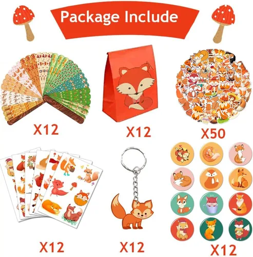 Miniatura 2 de 110 pulseras con temática de zorro, llaveros adhesivos, insignias, tatuajes temporales, bolsas de regalo para niños, criaturas del bosque, zorro