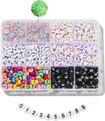 Hudinsun 500 cuentas acrílicas de números 0-9 en caja de 12 cuadrículas, cuentas redondas para pulseras, joyas de amistad sin cuello, fabricación de