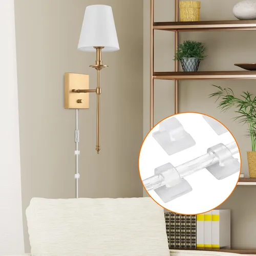 Miniatura 8 de Juego de dos apliques de pared regulables, apliques de pared enchufables con pantalla de tela blanca, lámpara de pared para dormitorio, sala