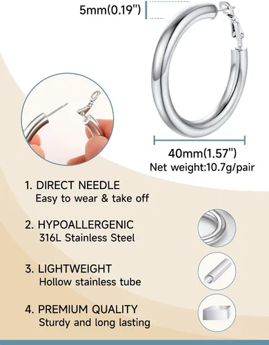 Miniatura 5 de Aretes de aro gruesos de acero inoxidable para mujer, minimalistas y elegantes, chapados en negrooro, aretes redondos hipoalergénicos, tamaño 1.181