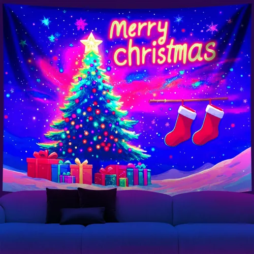 NYZE - Tapiz de Navidad con Papá Noel, tapiz de luz negra que brilla en la oscuridad, colgante de pared, banner festivo, decoración para fiesta,