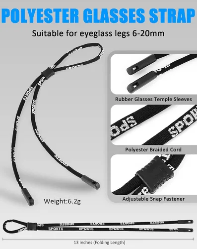 Miniatura 5 de BILIONE Juego de 4 correas deportivas para lentes para hombres, cordón ajustable (cuero/silicona/elástico/cuerda de nailon), soportes alrededor