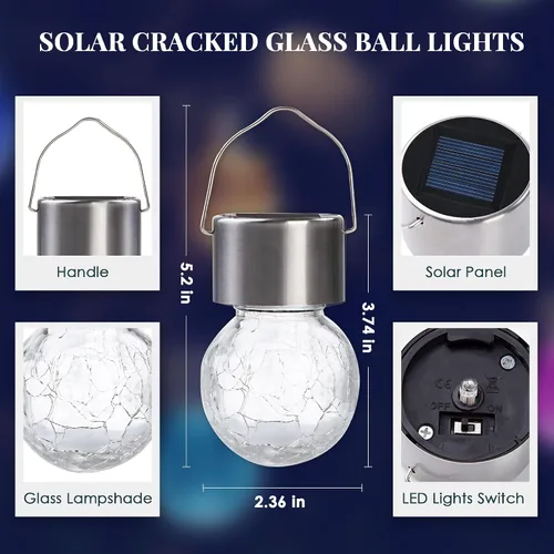 Miniatura 7 de Solpex Luces solares colgantes al aire libre, paquete de 8 luces decorativas de bola de vidrio agrietado, iluminación solar impermeable, luces