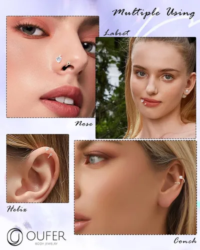Miniatura 2 de OUFER Aretes de hélice torcida de 16G, anillo de labios de circonita cúbica transparente en forma de corazón de oro sólido de 14 quilates, joyería
