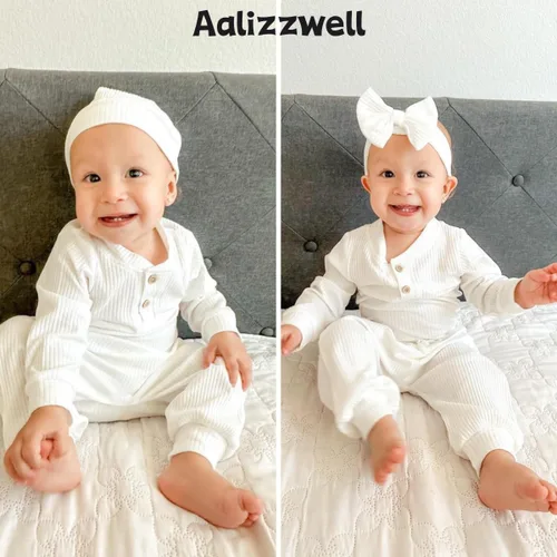 Miniatura 3 de Aalizzwell Traje acanalado de manga larga neutral para bebé con sombrero y diadema