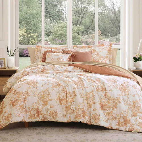 Miniatura 19 de BLOOMHAVEN Juego de edredón tamaño individual XL, juego de ropa de cama de 5 piezas con rosas florales para todas las estaciones, cama en una bolsa