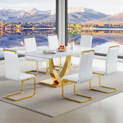 Miniatura 12 de Juego de mesa de comedor para 4, mesa de comedor de mármol sintético de 63 pulgadas con patas y base de acero inoxidable, sillas acolchadas