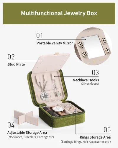 Miniatura 4 de Vlando Joyero de viaje de terciopelo afelpado, joyeros personalizados con iniciales para mujeres y niñas, mini organizador de viaje de joyería
