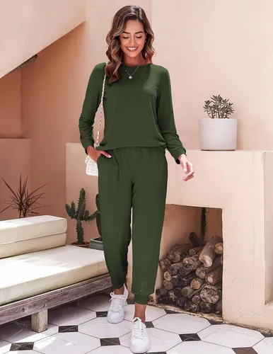 Miniatura 70 de Ekouaer Conjunto de pijama de manga larga para mujer, ropa de dormir suave con cuello redondo y bolsillos