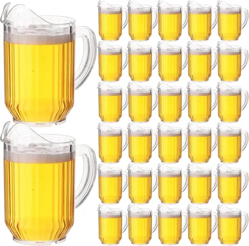 Miniatura 8 de Rtteri - Paquete de 16 jarras de plástico transparente de 32 onzas a granel, mini jarras de bebidas con asa y boquilla para agua, cerveza, limonada
