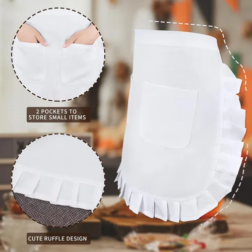 Miniatura 3 de Delantal de cintura blanca con 2 bolsillos, medio delantal blanco para mujer, delantal de camarera para cocina, restaurante, bistró, cafetería