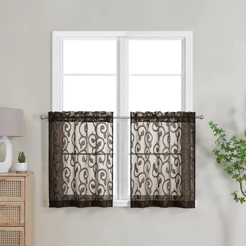 Miniatura 35 de OWENIE Furman - Juego de 2 paneles de cortinas traslúcidas negras de 24 pulgadas de largo, cortinas semitransparentes de jacquard ligeras y aireadas