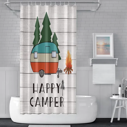 Cortina de ducha Happy Camper de 48 x 72 pulgadas, diseño de caricaturas, remolque, hoguera, aventura al aire libre, cortina de baño para decoración