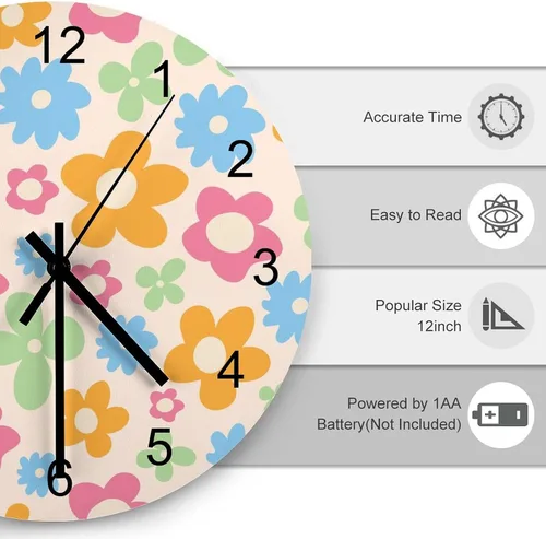 Miniatura 3 de Reloj de Pared de Flores Silencioso Sin Tictac Operado por Batería, Caricatura de los 70s Linda Flor Abstracta Pastel Margarita Reloj Floral