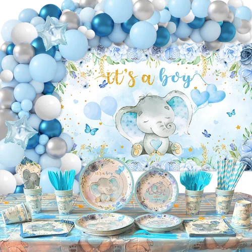 Decoraciones de elefante para baby shower para niño, 224 piezas de suministros azules para baby shower (20 invitados), incluye plato de papel,