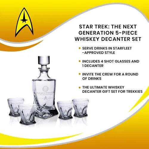 Miniatura 7 de Star Trek: The Next Generation - Juego de decantadores de whisky de 5 piezas, vasos de chupito para fiesta temática de USS Enterprise
