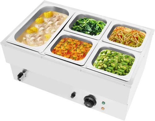 Calentador eléctrico comercial de alimentos, 110 V, 5 bandejas, de acero inoxidable, calentador de alimentos Bain Marie, mesa de vapor con control