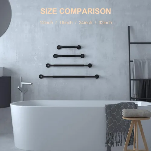 Miniatura 4 de Barra de agarre para ducha negra de 12 pulgadas con agarre de goma antideslizante, ZUEXT Barra de agarre para baño de acero inoxidable, Barra