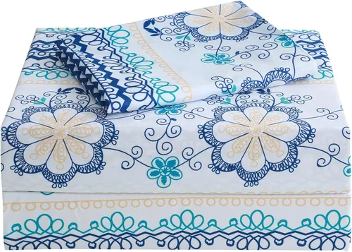Miniatura 53 de JSD Juego de sábanas con estampado floral azul, tamaño Queen, 4 piezas, sábanas de microfibra con patrón suave, bolsillo extra profundo Sakura