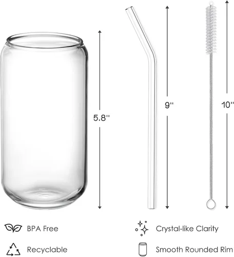 Miniatura 7 de NETANY Juego de 8 piezas: vasos para beber con popote de vidrio, vasos de vidrio de 16 onzas, vasos de cerveza, vasos de café helado, lindo vaso