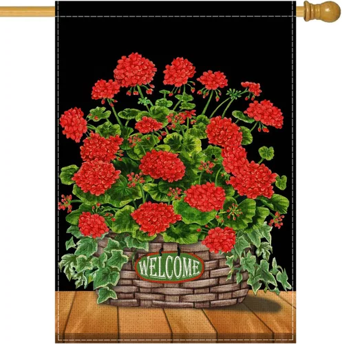 Miniatura 14 de Bandera de geranio para casa de primavera y verano, arpillera de doble cara, abejas florales rojas con cita para el hogar, bandera decorativa