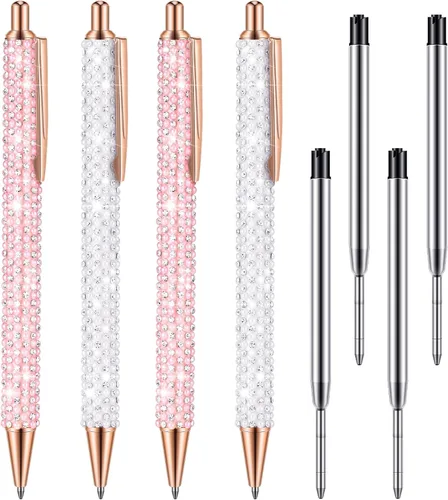 Miniatura 9 de Ireer 4 bolígrafos brillantes de diamantes de imitación para mujer, bolígrafo de tinta de metal con purpurina de cristal con 4 recambios de 0.039