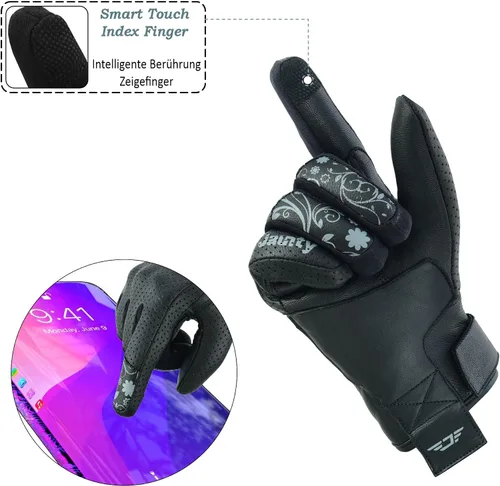 Miniatura 4 de JAUNTY - Guantes de motocicleta para mujeres, de cuero, con pantalla táctil, para damas con nudillos duros perforados, transpirables