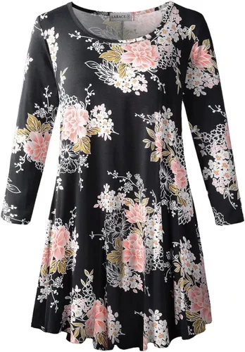 LARACE - Blusa de talla extragrande con manga de 34 para mujer, blusa tipo túnica holgada y larga con corte acampanado