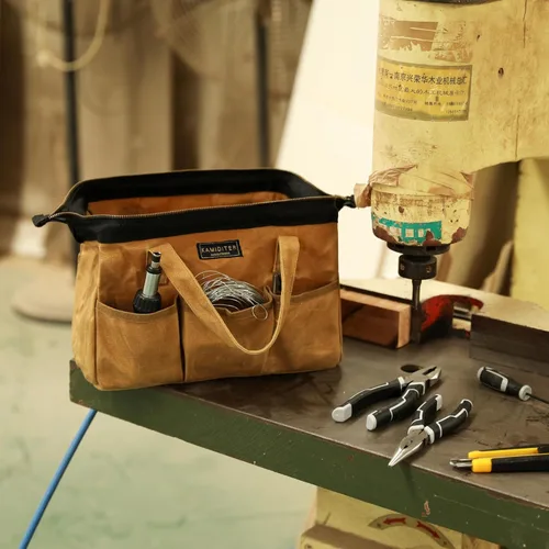 Miniatura 7 de Bolsa Portaherramientas, Bolsa de Herramientas de Lona Encerada Resistente de 13 Pulgadas de Boca Ancha, Bolsa de Herramientas de Parte Superior