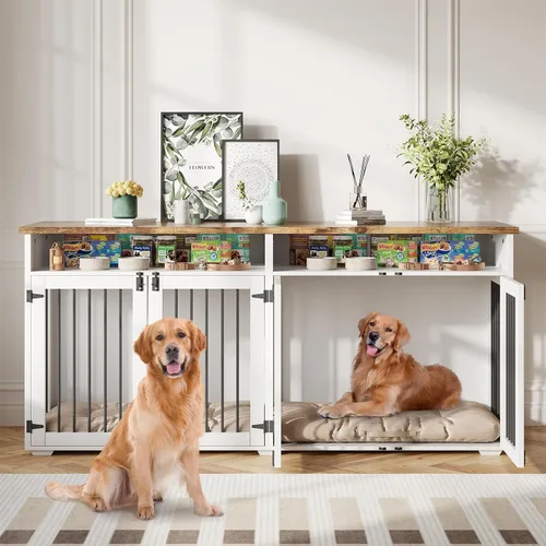 Miniatura 6 de Jaula para perros de 72 pulgadas para 2 perros, jaula de madera para perros con compartimento de almacenamiento, perrera de interior con 4 puertas
