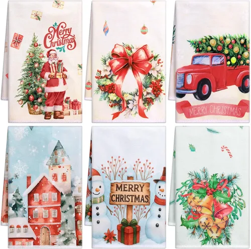 Tatuo 6 toallas de mano decorativas de Navidad bordadas con Papá Noel, reno, muñeco de nieve, árbol de Navidad, toalla de baño de tela suave para el