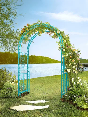 Miniatura 11 de Estructura de arco de jardín al aire libre de metal de Plow & Hearth, de 84 pulgadas de alto, entramado de celosía de hierro para plantas Rojo