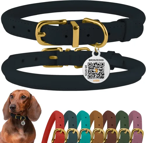Miniatura 17 de Collar de cuero enrollado, redondo, suave y ajustable con placa de identificación por QR para perro pequeño, mediano y grande, cachorro y gato Rosa