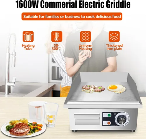 Miniatura 2 de Plancha eléctrica comercial de 14 pulgadas, plancha eléctrica de encimera plana, parrilla eléctrica superior plana de 110 V 1500 W, parrilla