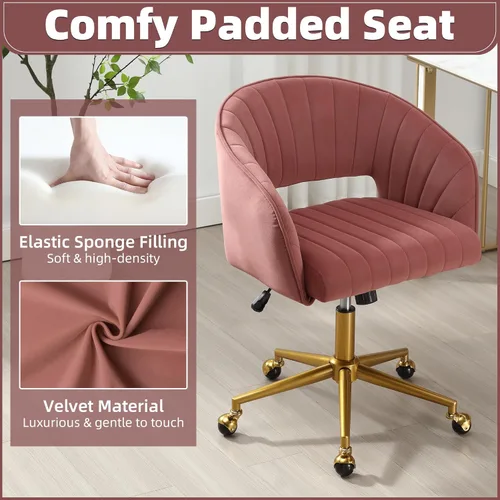 Miniatura 5 de ABET Silla de escritorio con ruedas, silla de oficina en casa de terciopelo, silla giratoria con base dorada, sillas acentuadas modernas tapizadas