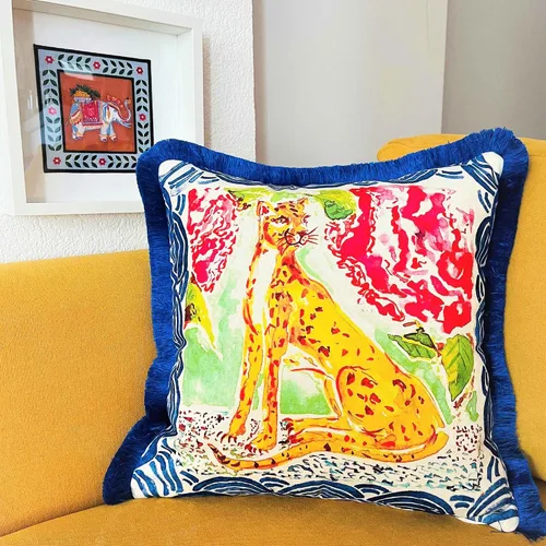 Miniatura 3 de Funda de almohada con patrón de leopardo, funda de almohada de terciopelo única, cojín de borla azul, almohada decorativa para decoración del hogar