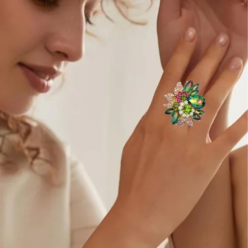 Miniatura 3 de Anillos de lujo para mujer, con diseño de hojas de cristal austriaco, para cóctel, elástico, ajustable, accesorios de joyería