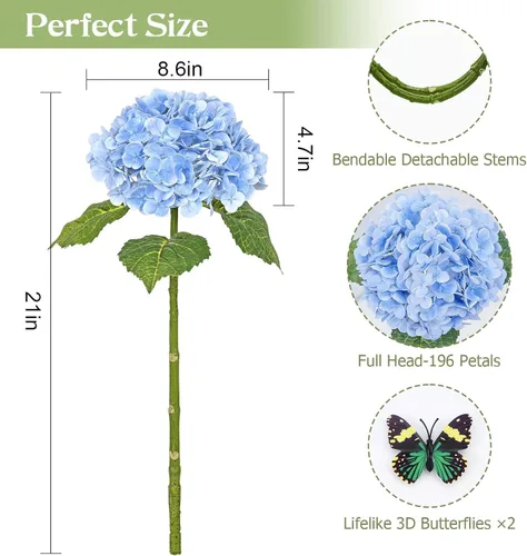 Miniatura 5 de Flores artificiales de hortensias de tacto real, 2 flores azules y 2 blancas de tacto real, flores de hortensias sintéticas de 21 pulgadas, flores