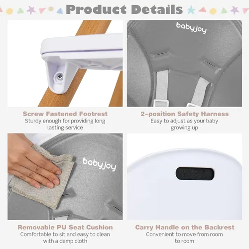 Miniatura 2 de BABY JOY Silla alta convertible para bebé, trona 3 en 1 con patas ajustables, bandeja apta para lavavajillas, cojín de poliuretano desmontable, Gris